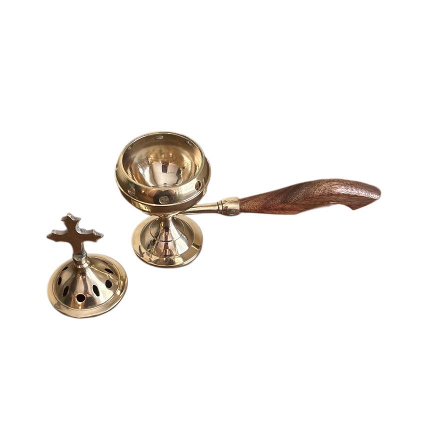 Incense Burner with Wooden Handle, Brass - 8"