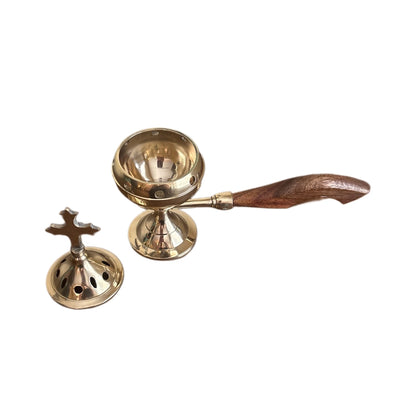 Incense Burner with Wooden Handle, Brass - 8"