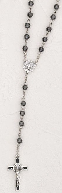 6mm Hematite Roasay with  -Silver tone St Benedict center  -Black Cross with Silver tone Corpus and St Benedict Medal