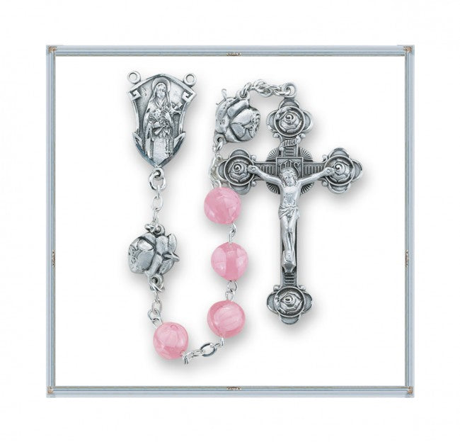 St. Therese Pink Flowered Venetian Glass Sterling Rosary