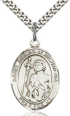 St. Adrian of Nicomedia oval sterling silver medal on chain