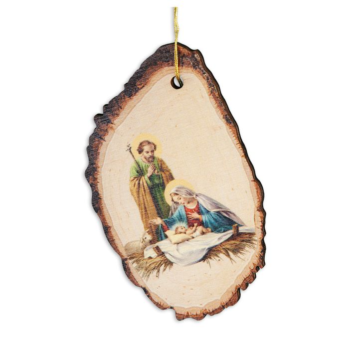 Wood Log Stlye Holy Family Printed Nativity Christmas Ornament - 3.5"