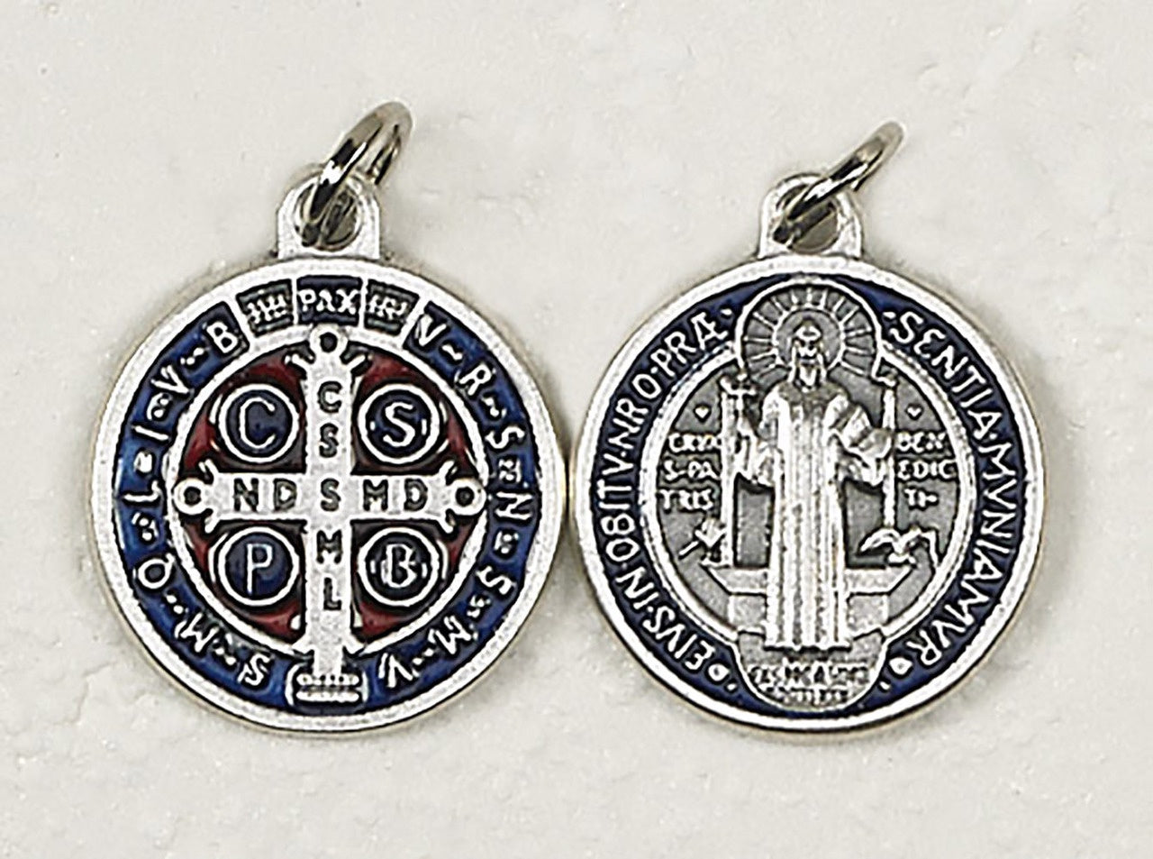 Saint Benedict Silver Tone - Red and Dark Blue Enamel Medal