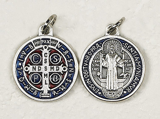 Saint Benedict Silver Tone - Red and Dark Blue Enamel Medal