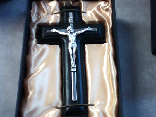 6 inch Black wood crucifix with silver inlay