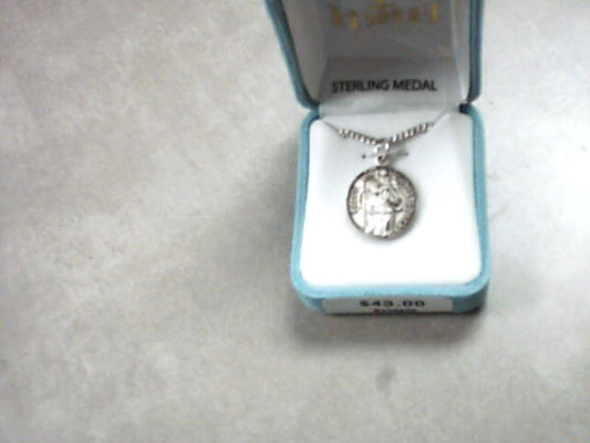 St. Christopher sterling silver round medal on 20 inch stainless steel chain