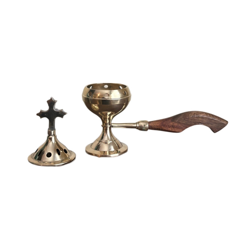 Incense Burner with Wooden Handle, Brass - 8"