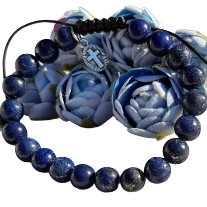 Genuine Lapis Lazuli Bracelet with Cross Charm - 7"
