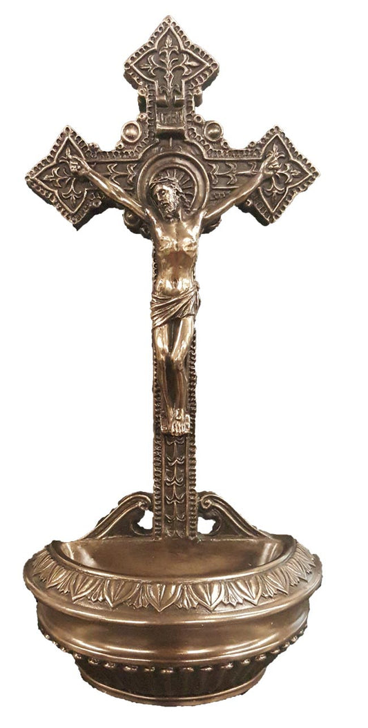 A Veronese Crucifixion font in lightly hand-painted cold cast bronze, stands or hangs, 9".