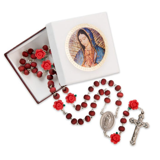 Rose Scented Our Lady of Guadalupe Wood Bead Rosary, Boxed