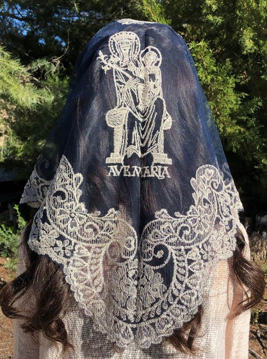 Ave Maria Spanish Lace Veil - DARK BLUE, BEIGE