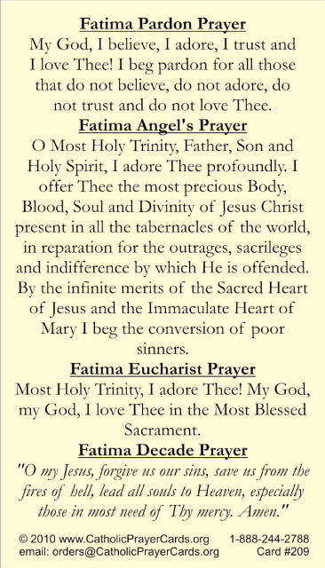 The Children of Fatima Holy Card - Includes Fatima Pardon Prayer, Angel's Prayer, Fatima Eucharist Prayer, Fatima Decade Prayer