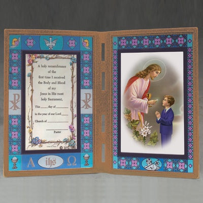 First Communion stained glass frame for boy with Remembrance card