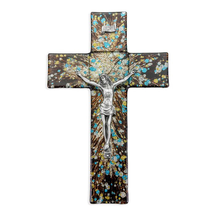 10" Multicolor Speckled Brown Glass Cross with Fine Pewter Corpus