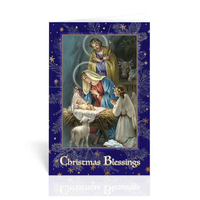 Christmas Blessings, Nativity with Praying Angel - Greeting Card