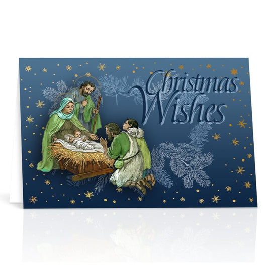 Nativity with Blue Pine and Stars, Christmas - Greeting Card