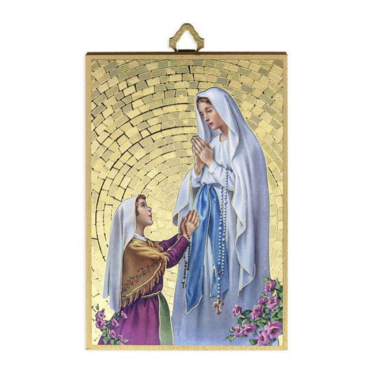 Our Lady of Lourdes Gold Foil Mosaic Wood Plaque