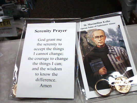 St. Maximilian Kolbe key chain and serenity prayer card- Patron Saint of Substance Abuse