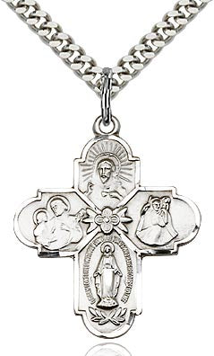 4 Way Cross Sterling Silver Medal on Rhodium Chain