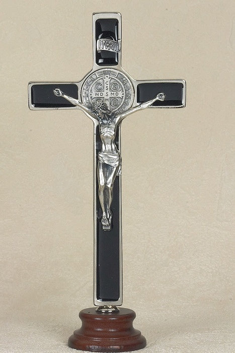 Saint Benedict Black Enameled Cross - Silver Tone Medal - On Base