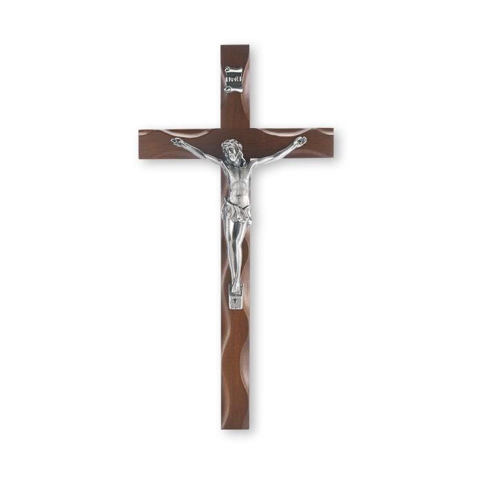 10" Walnut Knotched Crucifix with Antique Silver Finish Corpus