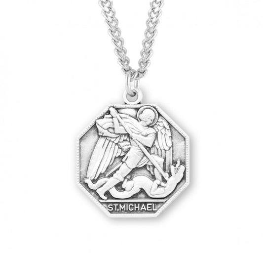 St. Michael Octagon Medal - Sterling Silver - with Chain