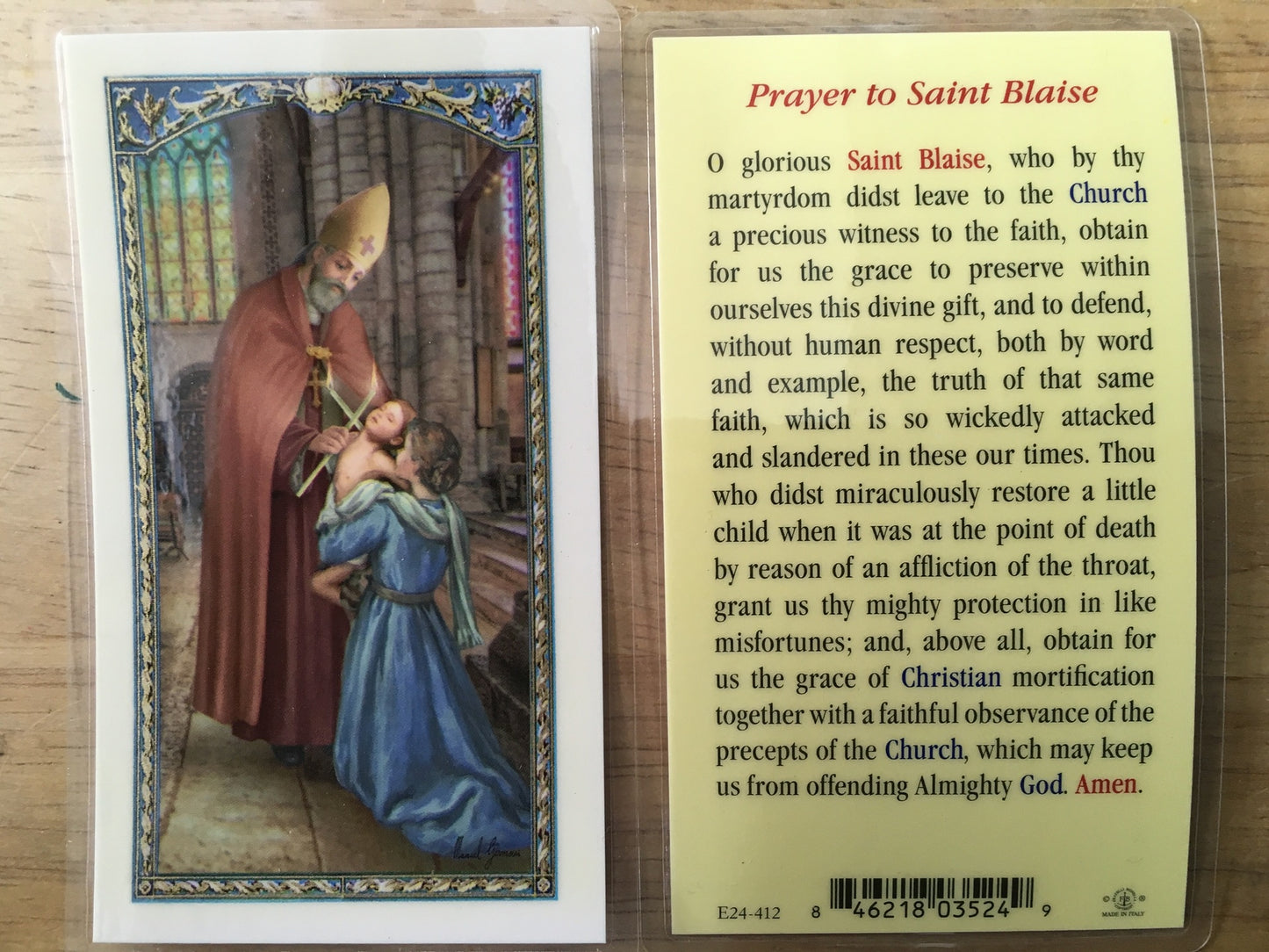 St. Blaise - Laminated Holy Card