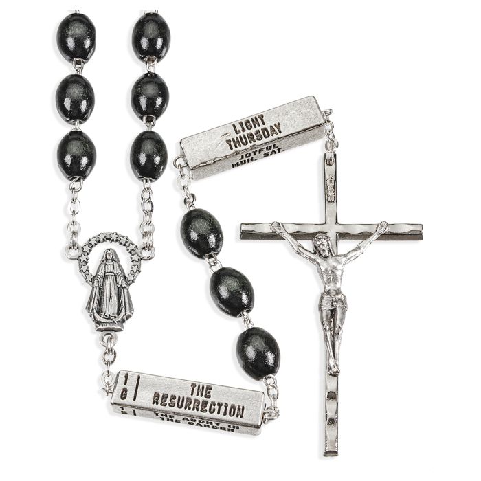 Oval Black Wood Beads with 20 Mysteries of the Rosary Pater Beads