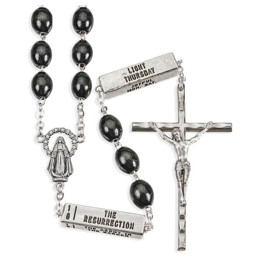 Oval Black Wood Beads with 20 Mysteries of the Rosary Pater Beads