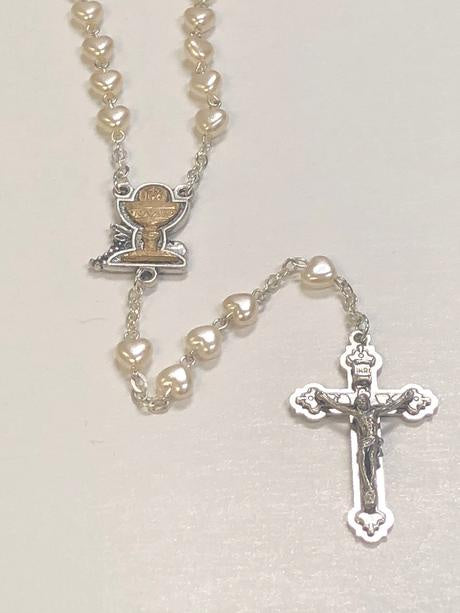 6mm First Communion Heart Shaped Pemium Imitation Pearl Glass Rosary With Two Toned Chalice Center