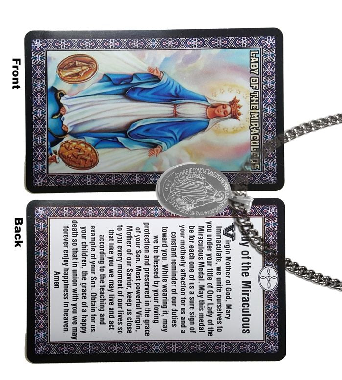 Our Lady of the Miraculous Medal: Stainless Steel Medal Necklace 20″ Chain and Holy Card