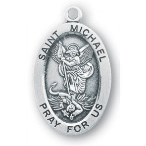 Oval St. Michael the Archangel sterling silver medal with 24 inch  stainless steel chain