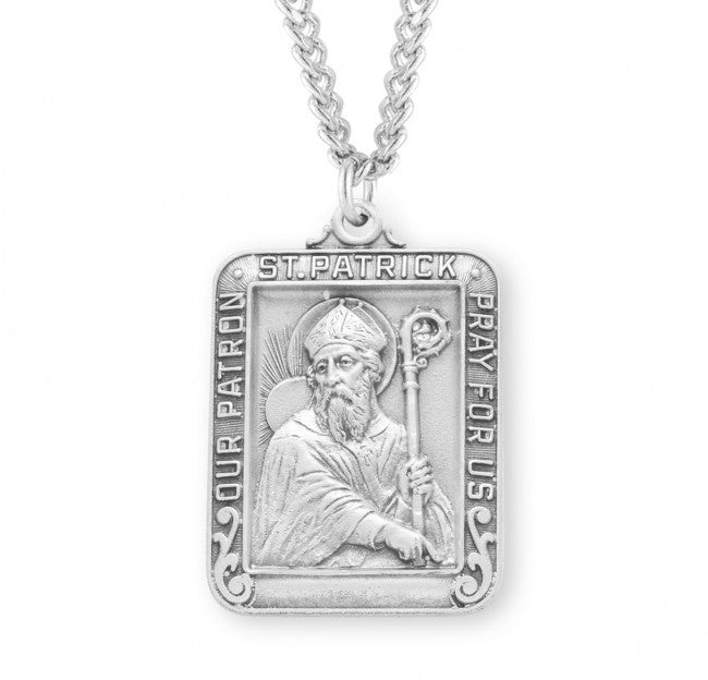 Saint Patrick Square Sterling Silver Medal - Necklace (S151724)