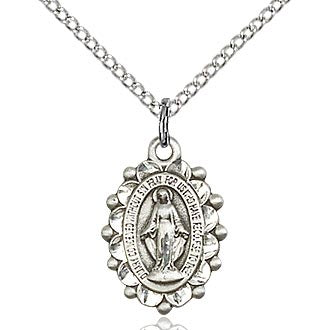 Miraculous Medal oval with decorative edge on 18 inch chain