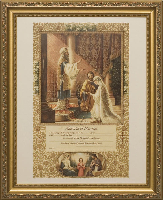 Wedding of St. Joseph and Mary - Memorial of Marriage Certificate in gold frame