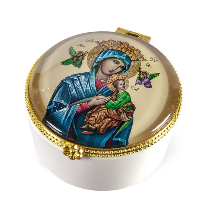 Porcelain Rosary Box with Our Lady of Perpetual Help Glass Cover
