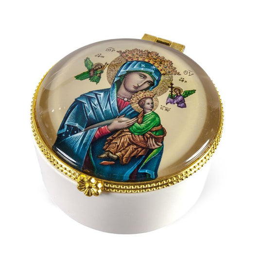 Porcelain Rosary Box with Our Lady of Perpetual Help Glass Cover