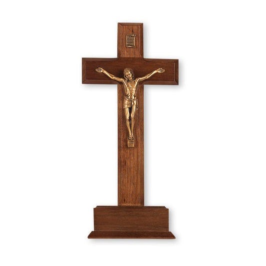 10" Walnut Standing Cross W/Museum Gold Plated Corpus