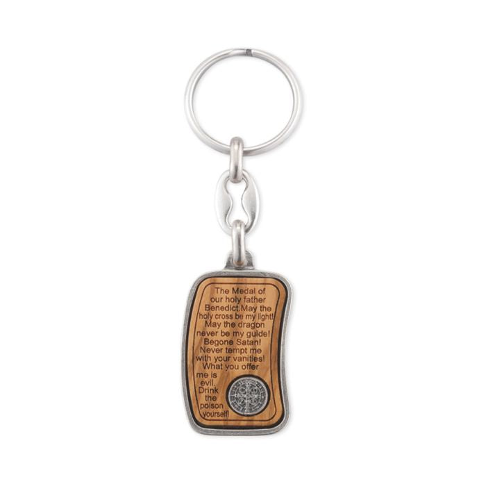 St. Benedict Keychain With Wood Inset