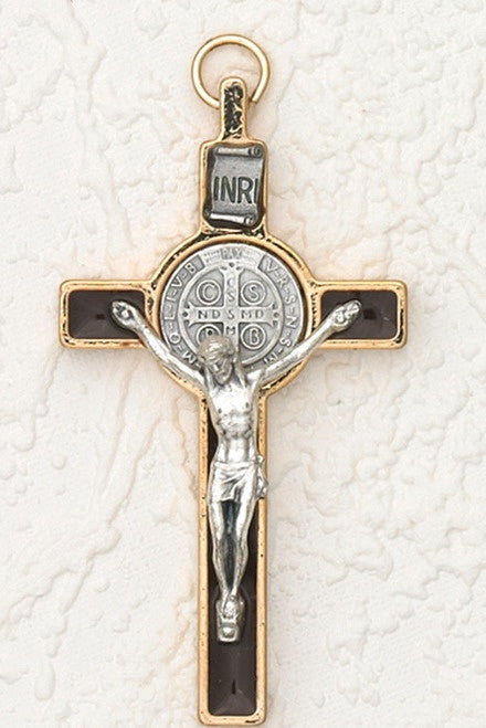 Saint Benedict Silver/Gold Tone With Black Enamel Crucifix - Silver Tone Medal