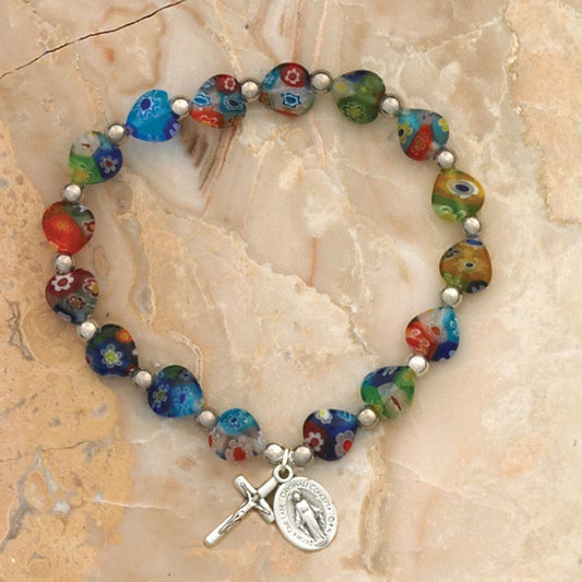 Imitation Murano Glass Heart Shaped bead bracelet with Miraculous and Crucifix medal