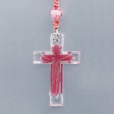Rosary corded with pink plastic beads