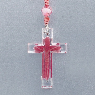 Rosary corded with pink plastic beads - Discontinued