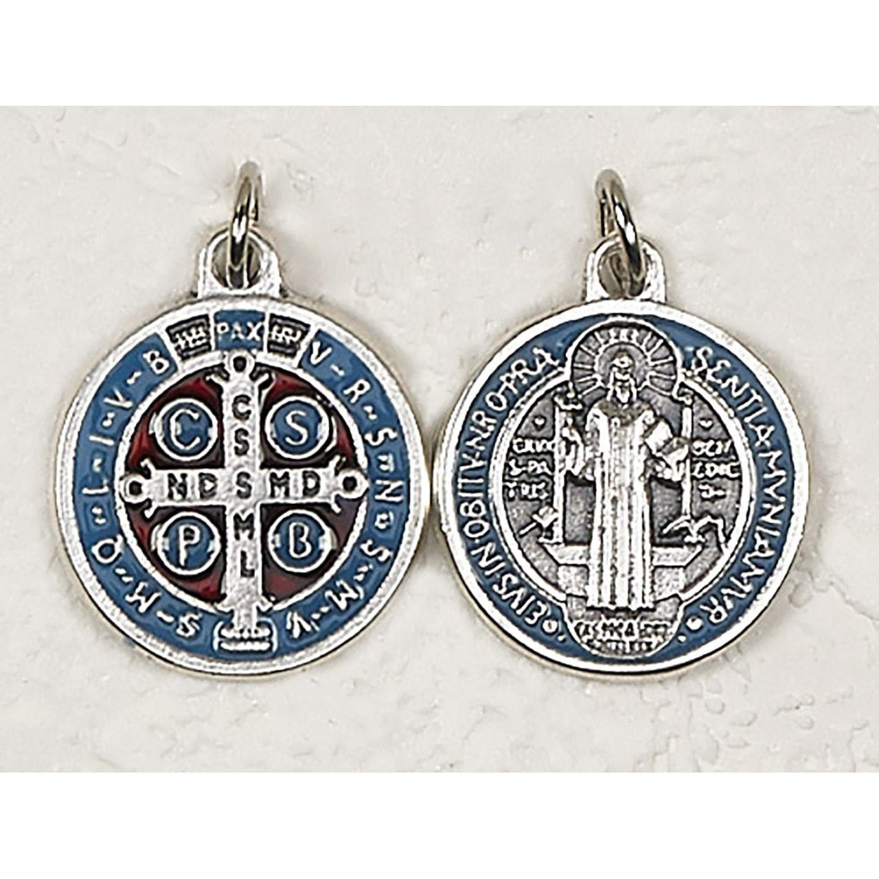 Saint Benedict Silver Tone with Light Blue/Red Enamel Medal