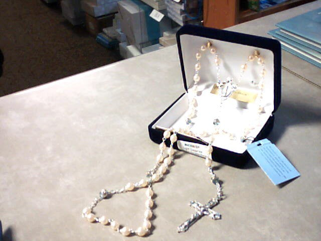 Pearl rondelle rosary with Light Sapphire Our Father beads and Bohemian Crystal