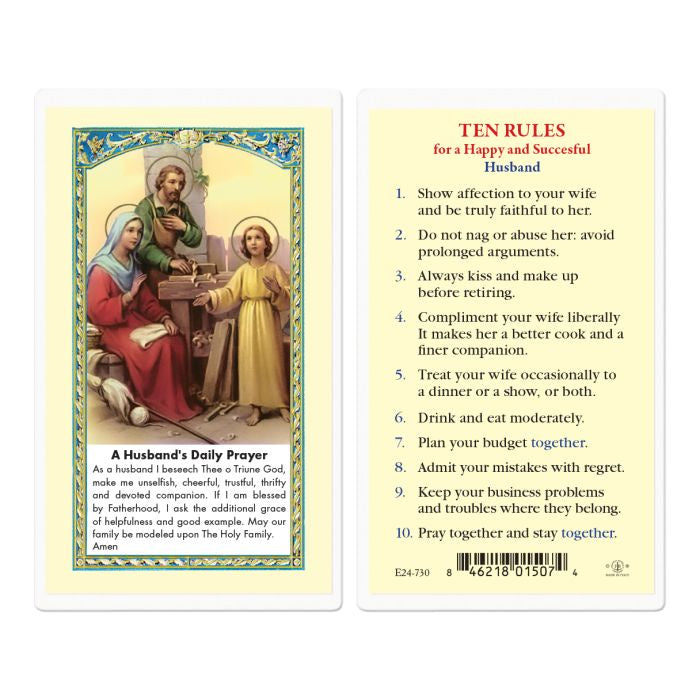 Husband's Daily Prayer and Ten Rules for a Happy and Successful Husband Holy Card