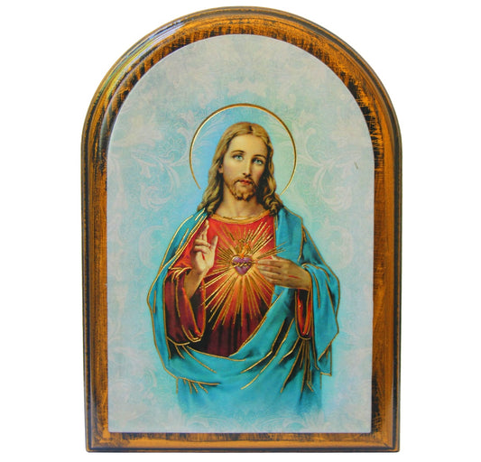 Sacred Heart of Jesus Wooden 3 3/4X5 Arched Plaque Gift Boxed