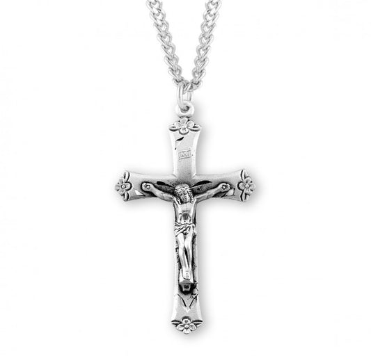 Sterling Silver Flower Tipped Crucifix - Necklace (S145)