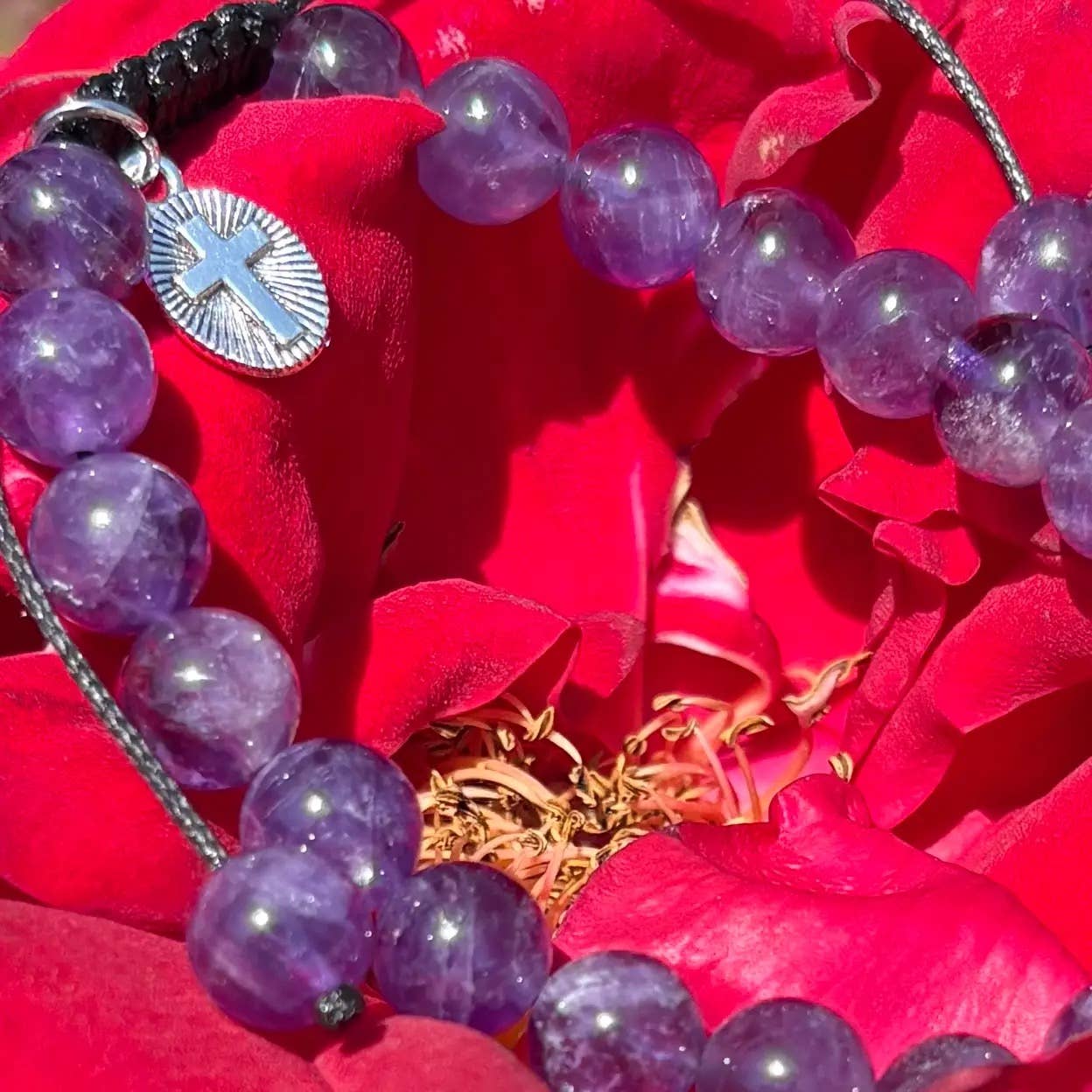 Genuine Amethyst Gemstone Bracelet with Cross Charm - 7"