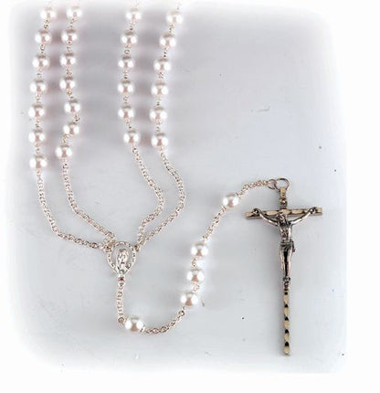 Imitation Pearl Lasso Wedding Rosary with Silver Plated Chain Crucifix and Center